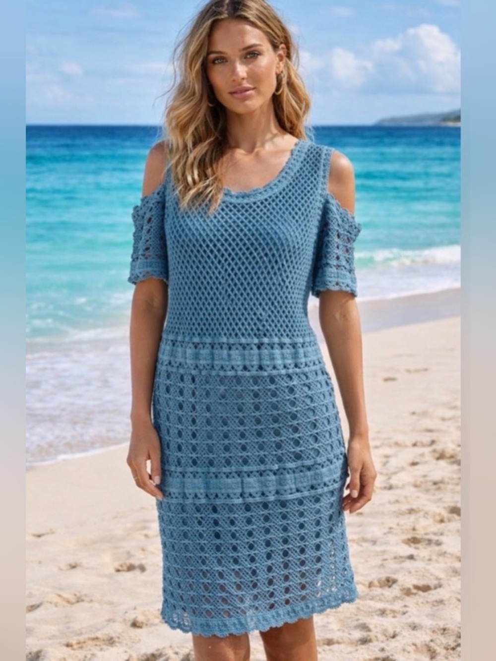 Mur Mur Blue Crochet Cold Shoulder Dress Removable Slip Beach Resort Size L